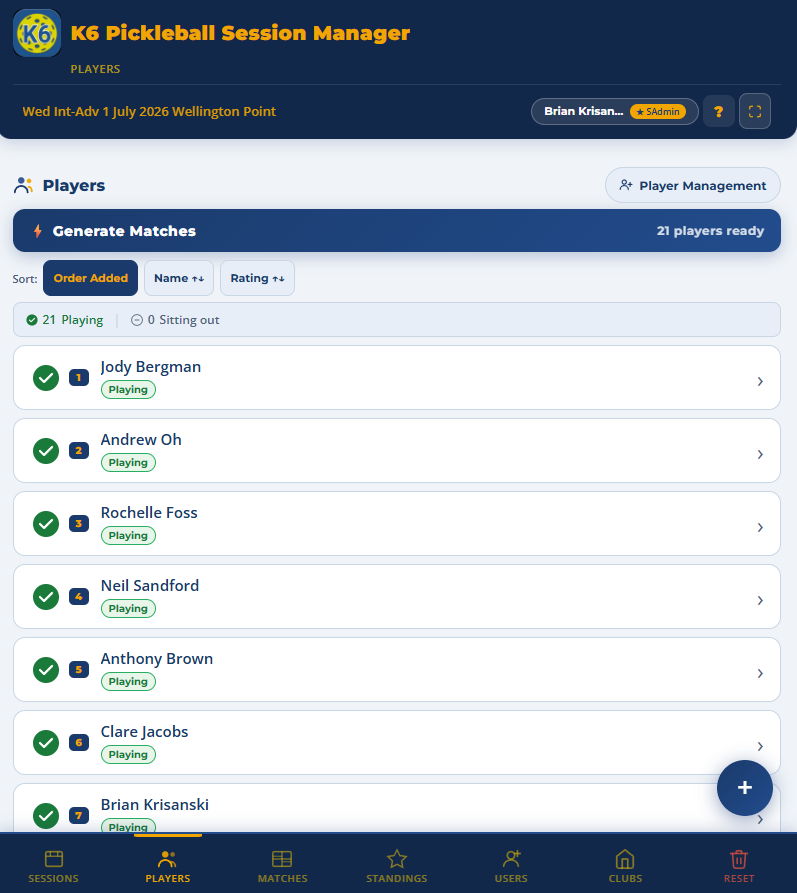 Players tab showing roster ready to generate matches