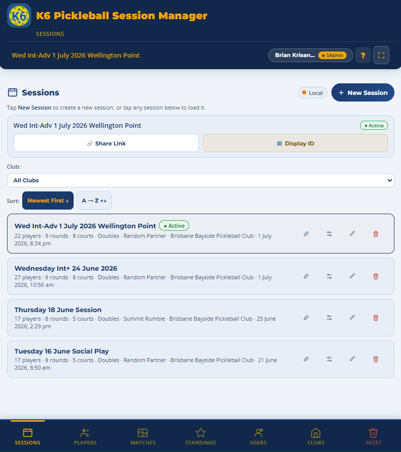 Sessions list screen showing active and past sessions